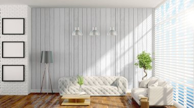 Modern parlak iç. 3D render