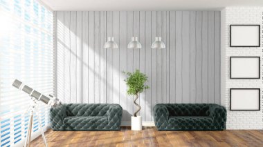 Modern parlak iç. 3D render