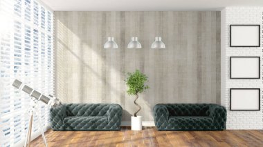 Modern parlak iç. 3D render