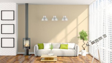 Modern parlak iç. 3D render
