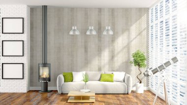 Modern parlak iç. 3D render