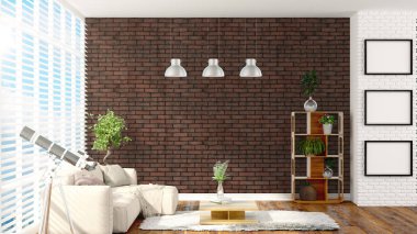 Modern parlak iç. 3D render