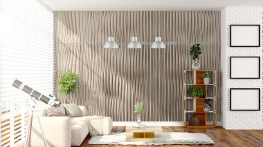 Modern parlak iç. 3D render