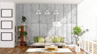 Modern parlak iç. 3D render