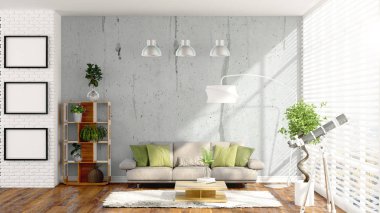 Modern parlak iç. 3D render