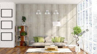 Modern parlak iç. 3D render