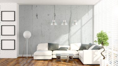 Modern parlak iç. 3D render