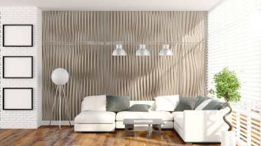 Modern parlak iç. 3D render