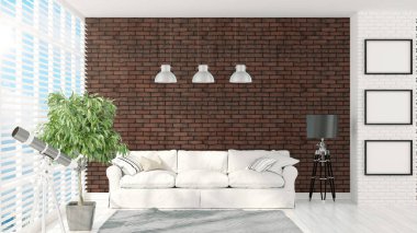 Modern parlak iç. 3D render