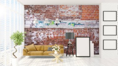 Modern parlak iç. 3D render