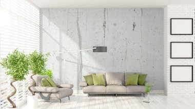 Modern parlak iç. 3D render