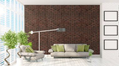 Modern parlak iç. 3D render