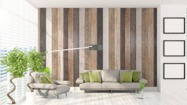 Modern parlak iç. 3D render