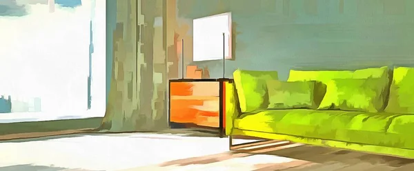 Watercolor painting of a modern interior. 3D rendering