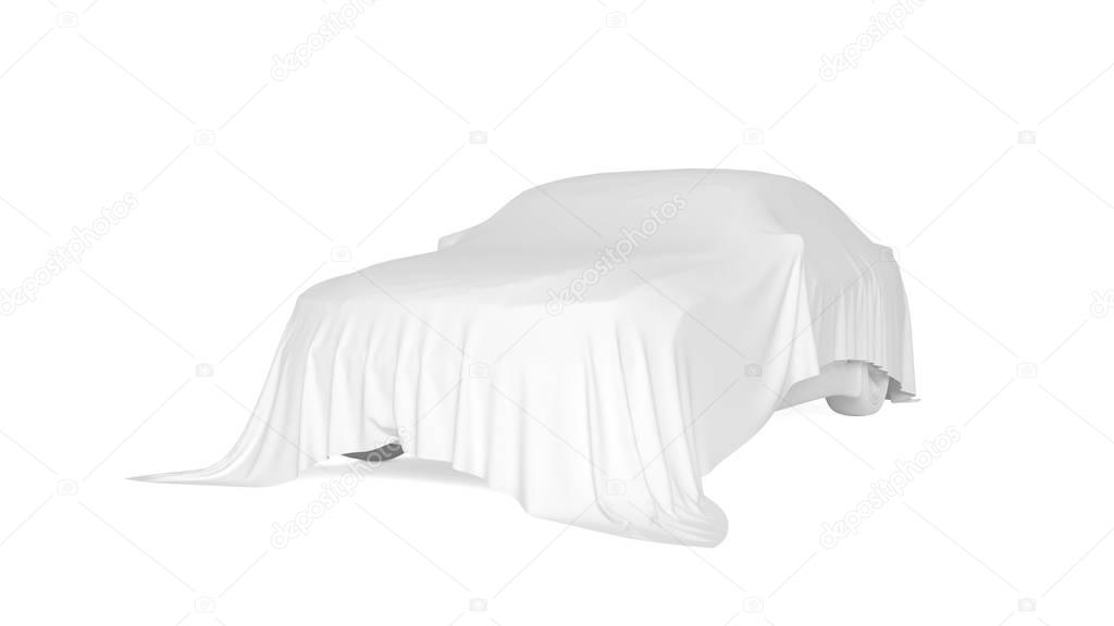 Car covered with a white cloth. 3D rendering