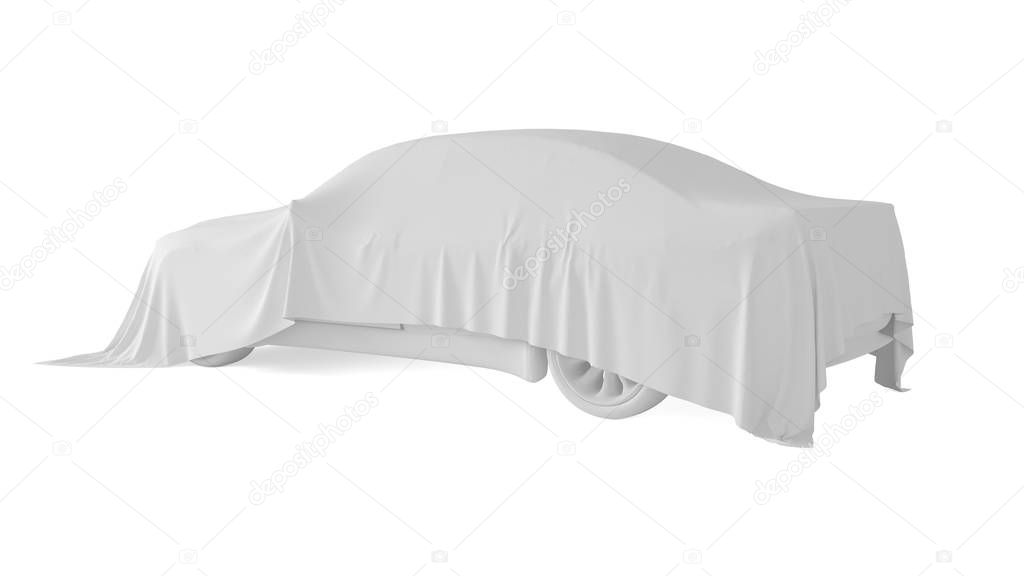 Car covered with a white cloth. 3D rendering