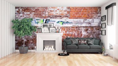 Modern parlak iç. 3D render