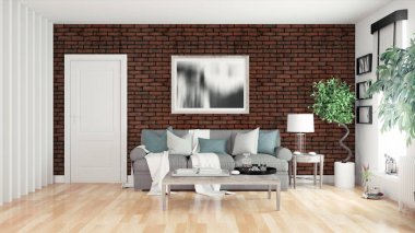 Modern parlak iç. 3D render