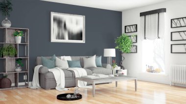 Modern parlak iç. 3D render