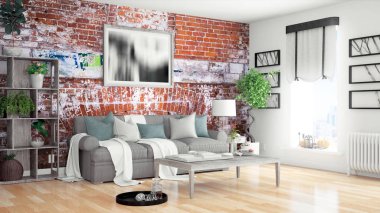 Modern parlak iç. 3D render