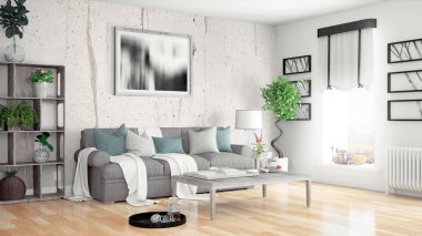 Modern parlak iç. 3D render