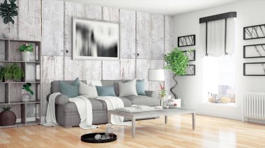 Modern parlak iç. 3D render