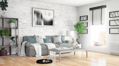 Modern parlak iç. 3D render