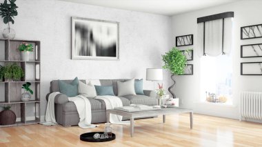 Modern parlak iç. 3D render
