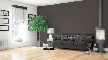 Modern parlak iç. 3D render