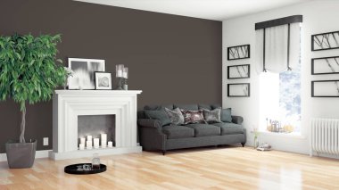 Modern parlak iç. 3D render