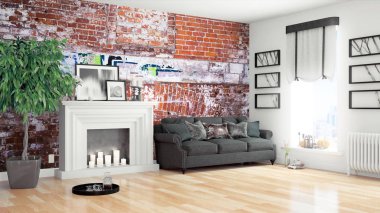 Modern parlak iç. 3D render