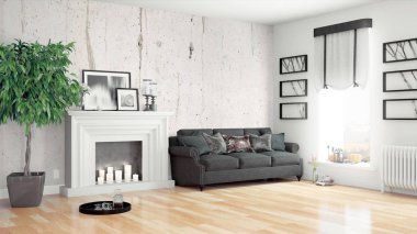 Modern parlak iç. 3D render