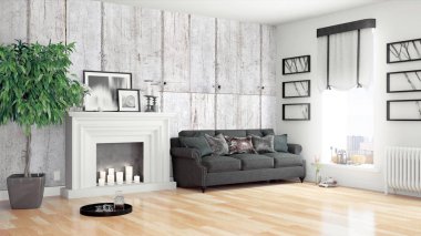 Modern parlak iç. 3D render