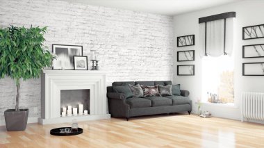 Modern parlak iç. 3D render