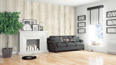 Modern parlak iç. 3D render