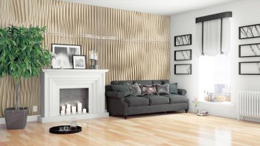 Modern parlak iç. 3D render