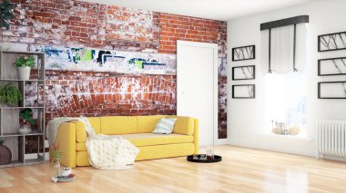 Modern parlak iç. 3D render