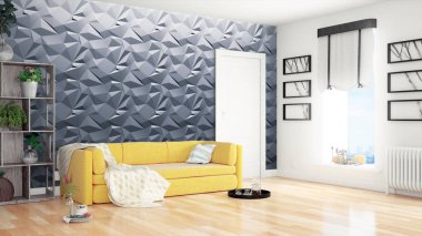 Modern parlak iç. 3D render