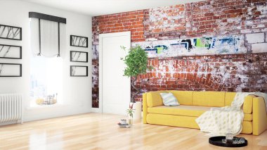 Modern parlak iç. 3D render