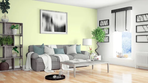 Modern parlak iç. 3D render