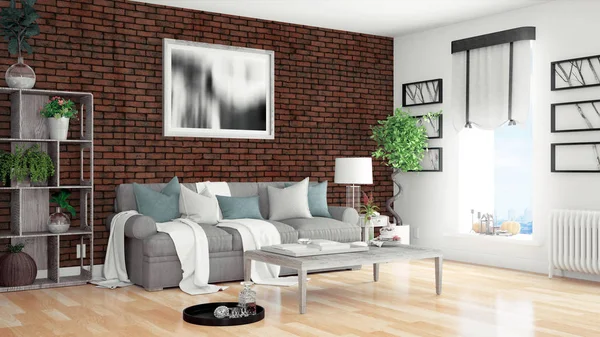 Modern parlak iç. 3D render