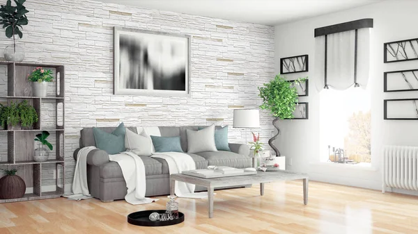 Modern parlak iç. 3D render