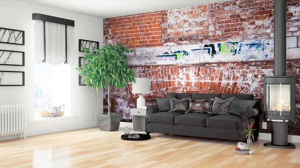 Modern parlak iç. 3D render