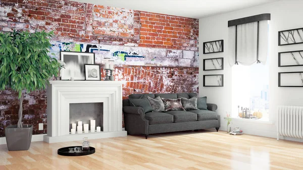 Modern parlak iç. 3D render