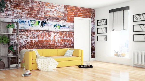 Modern parlak iç. 3D render