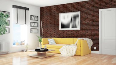 Modern parlak iç. 3D render