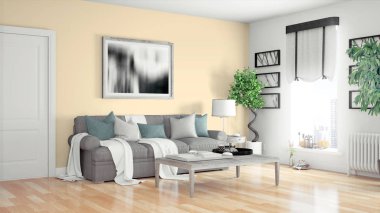 Modern parlak iç. 3D render