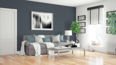 Modern parlak iç. 3D render