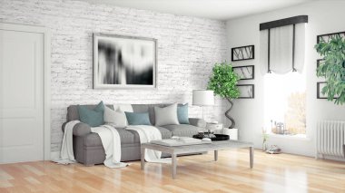Modern parlak iç. 3D render
