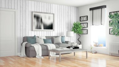 Modern parlak iç. 3D render